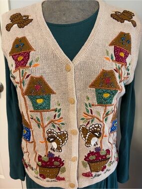 Vintage Bedazzled Birdhouse Knit Vest - Cream